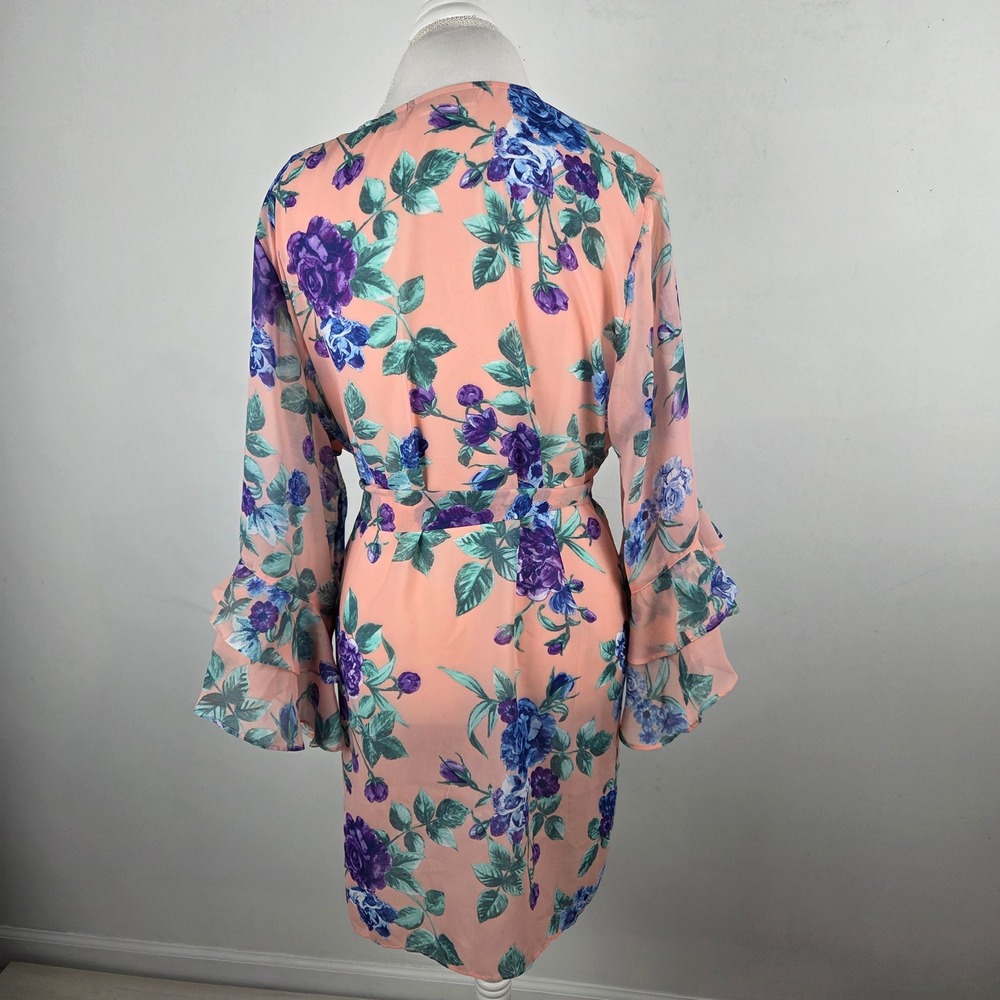 Susan Graver Peach Floral Chiffon Cardigan Kimono Ruffle Sleeve Robe 1X Feminine - Picture 5 of 11
